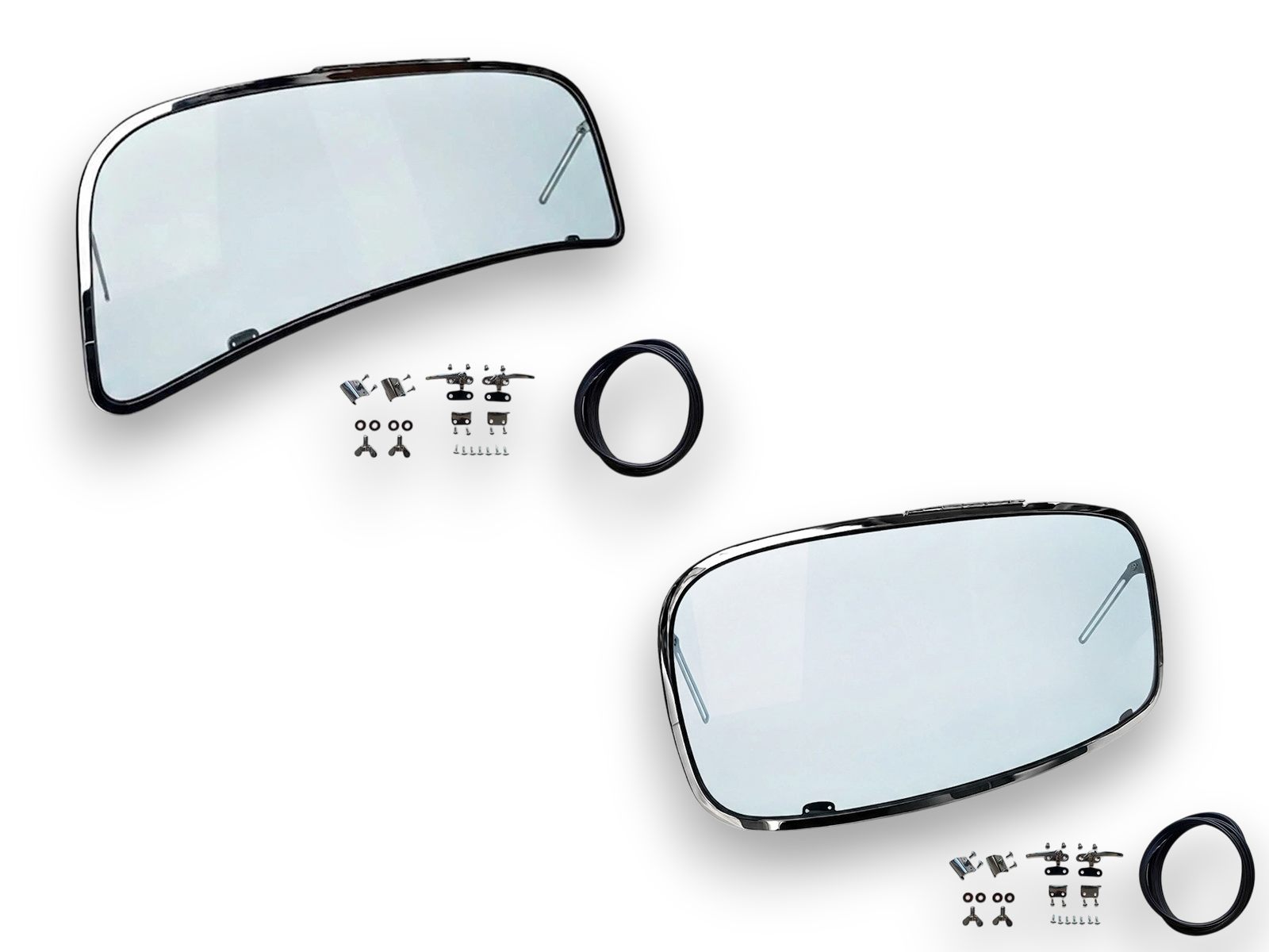 VW Beetle Front & Rear Safari Window Kit, 14-Gauge Chrome Steel, 1958-64